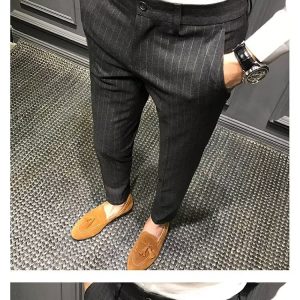 test_Striped Casual Ninth Suit Pants Men’s Slim-Fit Korean-Style Plaid Pants Men’s British Vertical Stripes Men’s Trousers Fashion