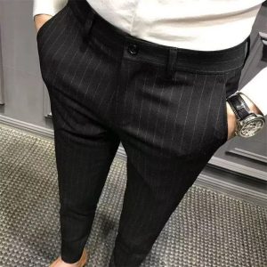 test_Striped Casual Ninth Suit Pants Men’s Slim-Fit Korean-Style Plaid Pants Men’s British Vertical Stripes Men’s Trousers Fashion