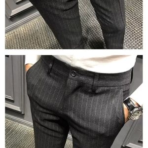 test_Striped Casual Ninth Suit Pants Men’s Slim-Fit Korean-Style Plaid Pants Men’s British Vertical Stripes Men’s Trousers Fashion