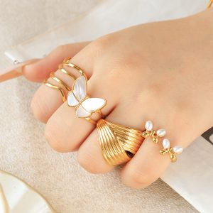 test_Wholesale Jewelry Elegant Romantic Commute Lines Butterfly 304 Stainless Steel Pearl Shell 14K Gold Plated Inlay Open Rings