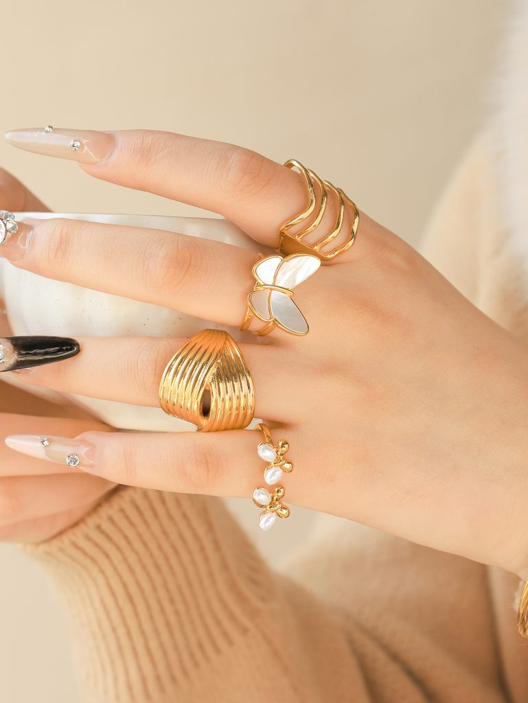 test_Wholesale Jewelry Elegant Romantic Commute Lines Butterfly 304 Stainless Steel Pearl Shell 14K Gold Plated Inlay Open Rings